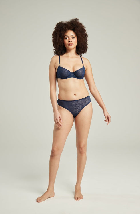 The Sheer Deco High Leg Brief Navy, UK lingerie at My Devilish Desires